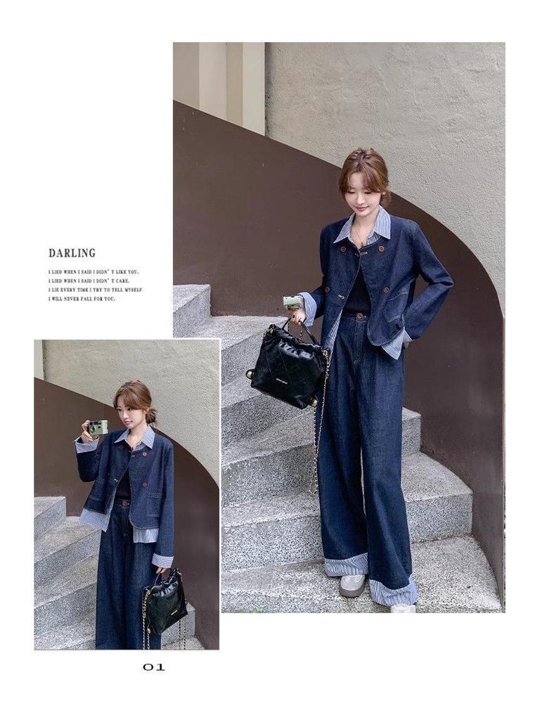2025 New Women's Faux Two-Piece Denim Set: Petite Korean-Style Wide-Leg Pants for Early Autumn