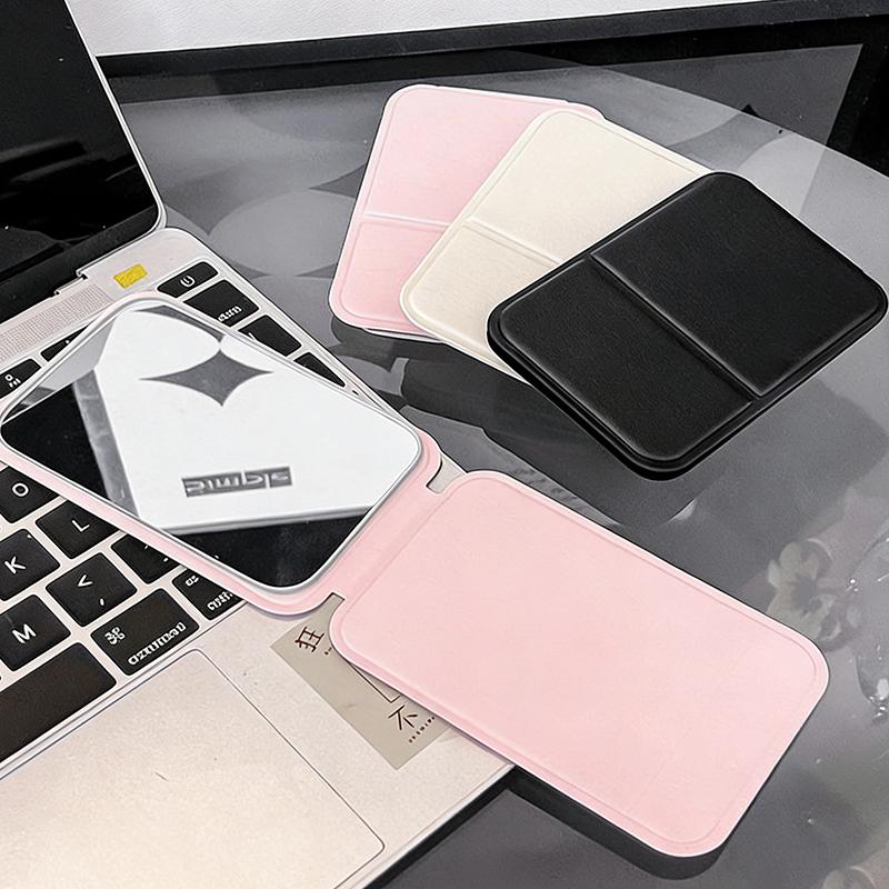 Pu Leather Solid Color Foldable Makeup Mirror Simple Portable Handheld & Desktop Dual-Use Student Cute Pocket Mirror