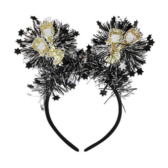

2026 New Year Headband with Happy New Year Letters Glitter Tinsel Hairband with Wine Glass Hat Party Headwear for Countdown Celebration C