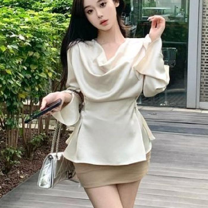 

High-End Satin Lace-Up Shirt: Chic Fall/Winter Design with Waist-Cinching Flowing Collar Medium абрикосовый