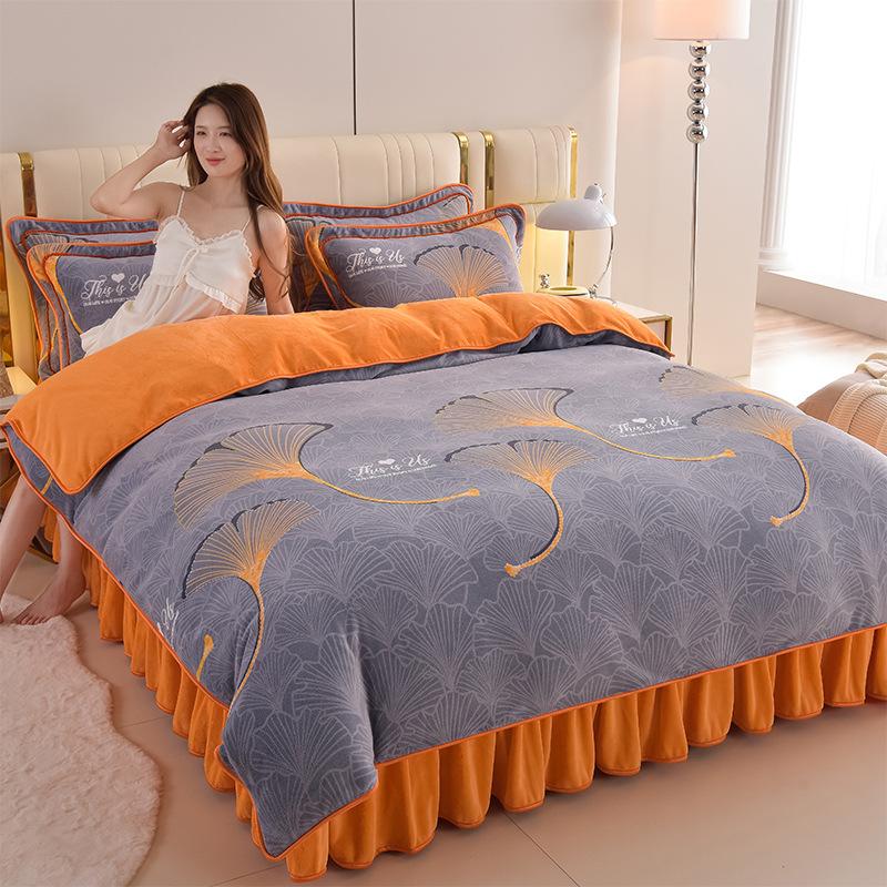 Thick Milk Velvet Bed Skirt 4 Piece Set Plush Fleece Winter Crystal Velvet Bed Sheet Duvet Cover With Skirt Winter Bedding Set For Cozy Home