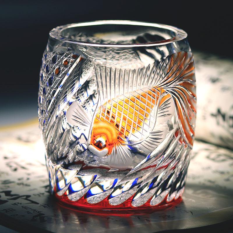 Goldfish Edo Kiriko Whiskey Glass 270Ml, Hand Engraved Color Overlay Crystal Tumbler For Whisky Vodka 201-300ml