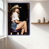 Sexy Blonde Cowgirl with Wavy Hair Tin Sign - Vintage Wooden Structure Metal Poster for Bar Pub Home Decor - 8x12 Inch