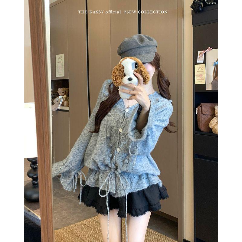

Kumikumi French style Gray Crochet Hollow out Long sleeve Knit sweater Women clothes Autumn Chic All-Match Loose Top Gray One size
