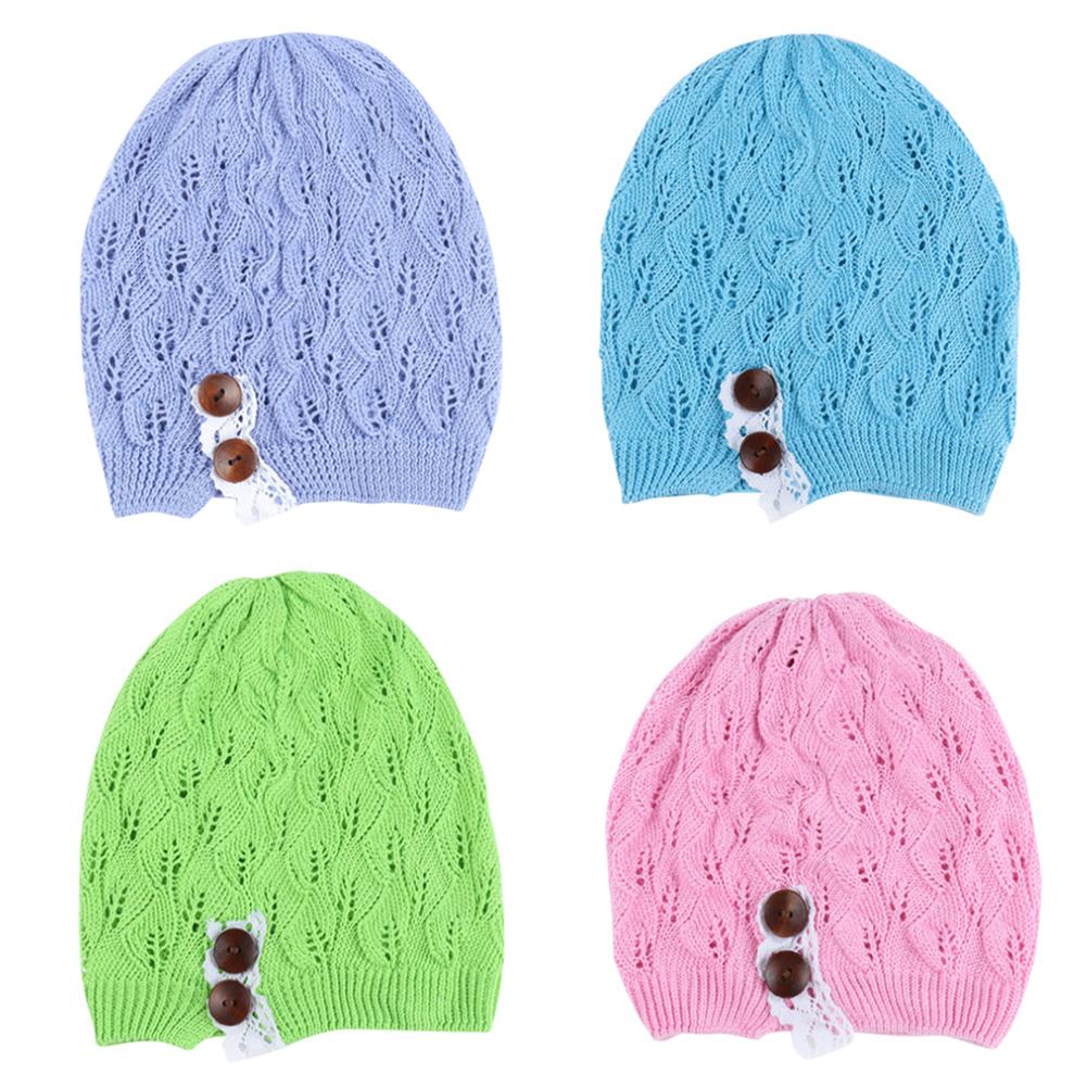Fashion Autumn Women Knitting Beanie Skullies Hat Casual Hollow Out Leaves Lace Button Baggy Wool Cap