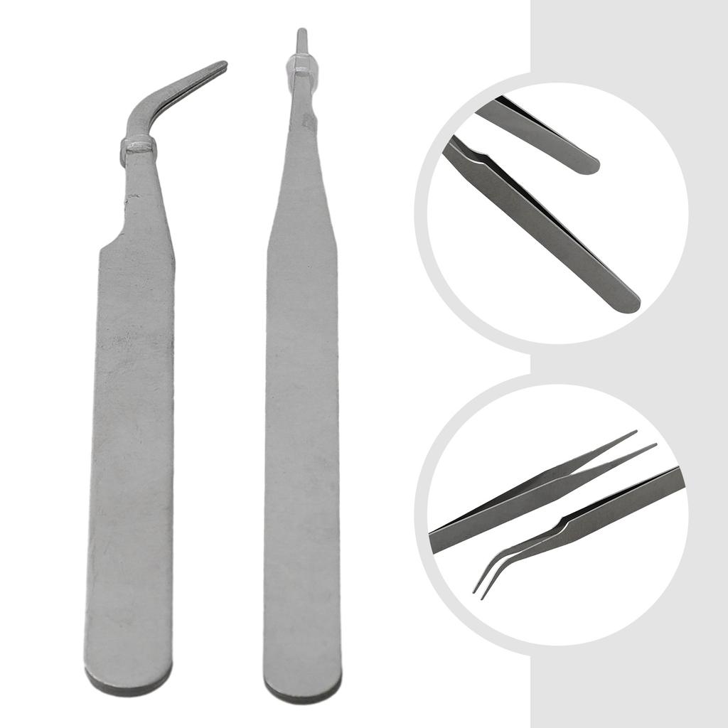 2pcs Stainless Steel For Mini Tweezers Dismantling Repair Tool Curved Straight Tip Electronic Industry Precision Tweezers