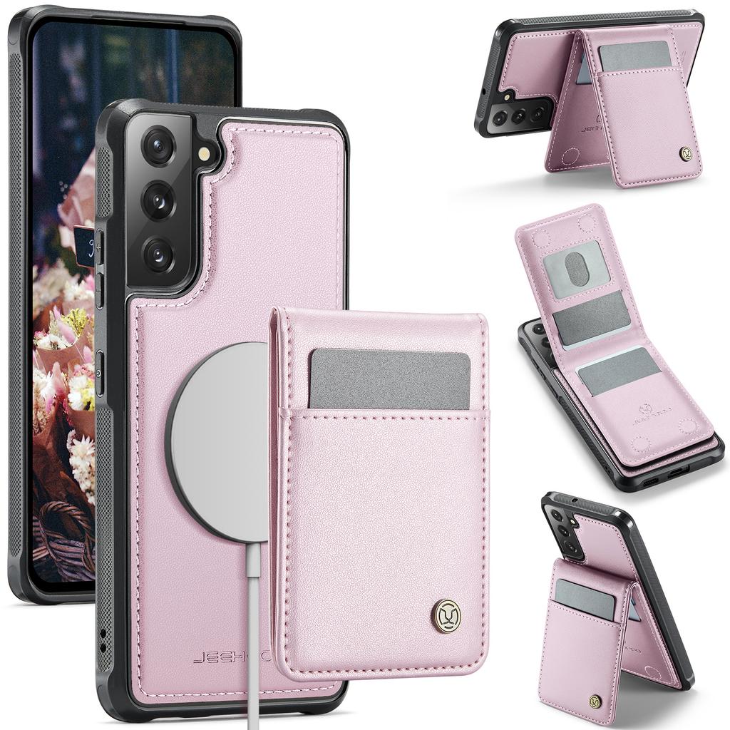 For Samsung Galaxy S22 5G Leather Back Cover Magnetic Case JEEHOOD J06 Phone Case with Card Bag RFID Blocking