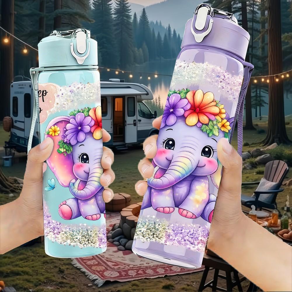 1PC Cute Baby Elephant Cartoon Print 750ml Color Plastic Sports Water Bottle Leakproof Flip Straw Lid Suitable for Sports Office Home Use