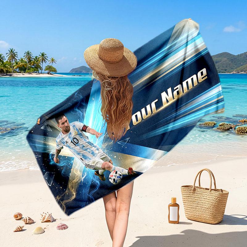 Asciugamano da Spiaggia Personalizzato Lionel Messi, Stampa Testo Nome Personalizzato, Asciugamano Morbido Asciugatura Rapida con Logo Calcio, Regalo per le Vacanze