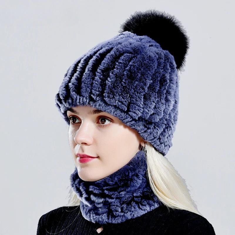 Rabbit Fur Pompom Hat Ring Scarf Set Women's Winter Fashionable Natural Fur Knitted Caps Neck Warmers for Girls Female