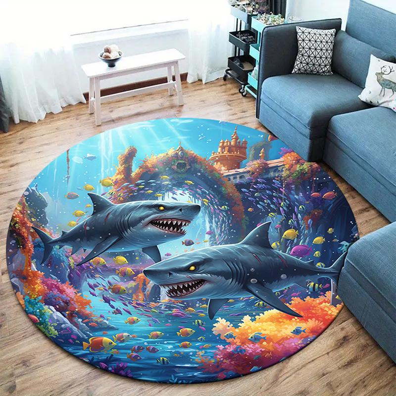 shark Round Area Rug,Carpet Rug for Living Room Bedroom Sofa Playroom Decor,Non-slip Floor Mat