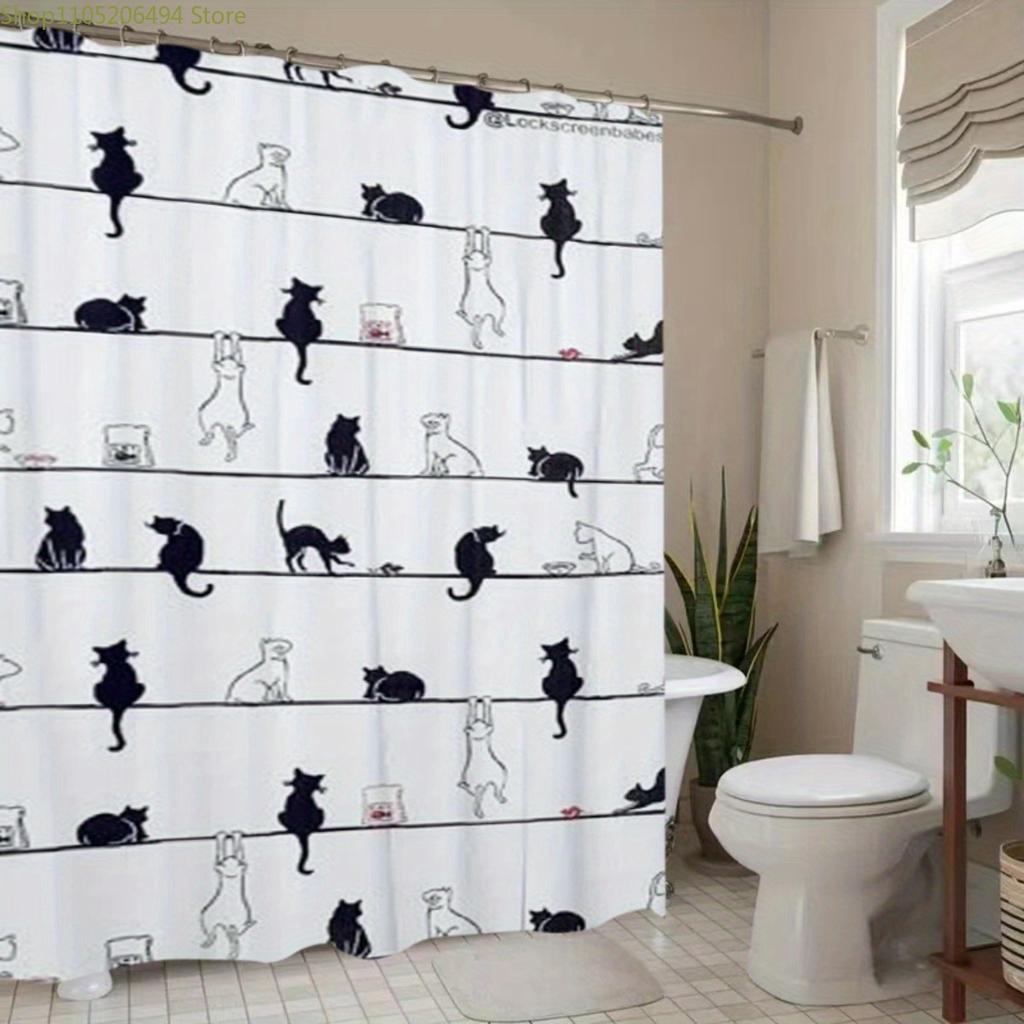 1pc Spring Cat Illustration Design Polyester Shower Curtain Home Decor Printed Curtain No-Hole Bathroom Partition