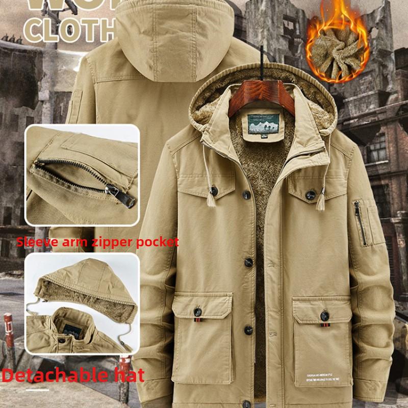 Winter Men's Cotton Coat Plus Velvet and Thickened Coat, Work Jacket, Multi-pocket Hooded Top Coat
