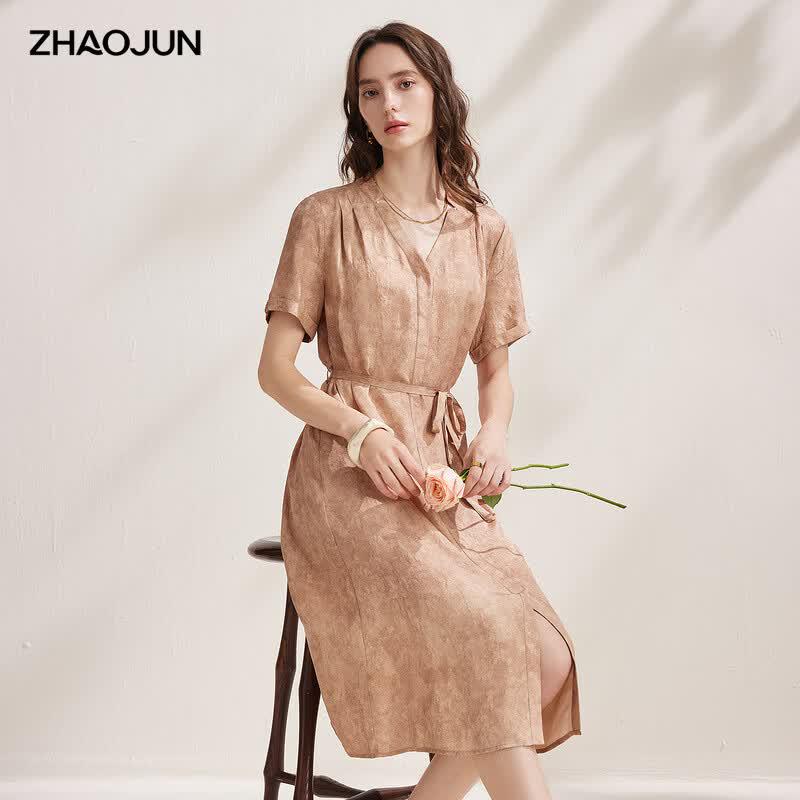 Zhaojun Women s Retro Jacquard Mulberry Silk Short-Sleeve Dress XL