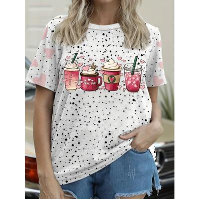 Stylowy kubek do kawy dla kobiet w rozmiarze plus size i okrągły T-shirt z grafiką z motywem serca wszechstronny top