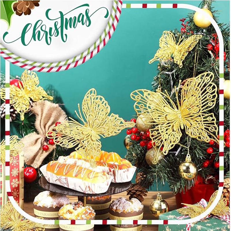 5Pcs Christmas Tree Butterfly Decor Glitter Hollow Butterfly Xmas Tree Hanging Decor Home New Year 2025 Navidad Decoration