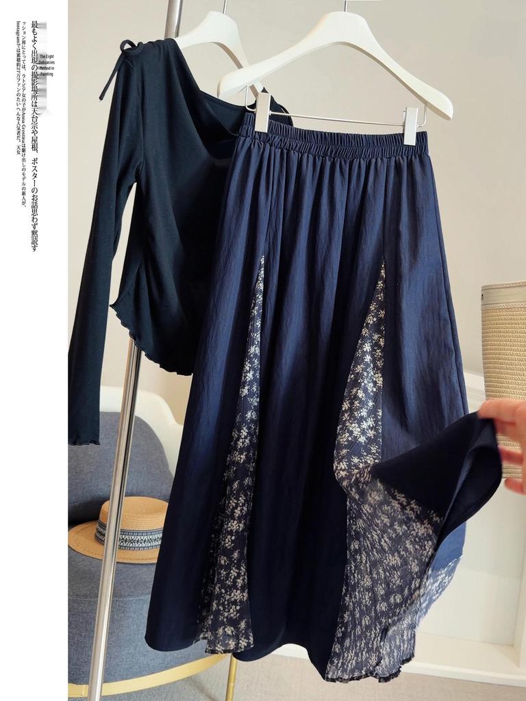 Women's 2026 Retro Floral Patchwork A-Line Midi Skirt - High Waist, Slimming Elastic Fit for Spring/Summer
