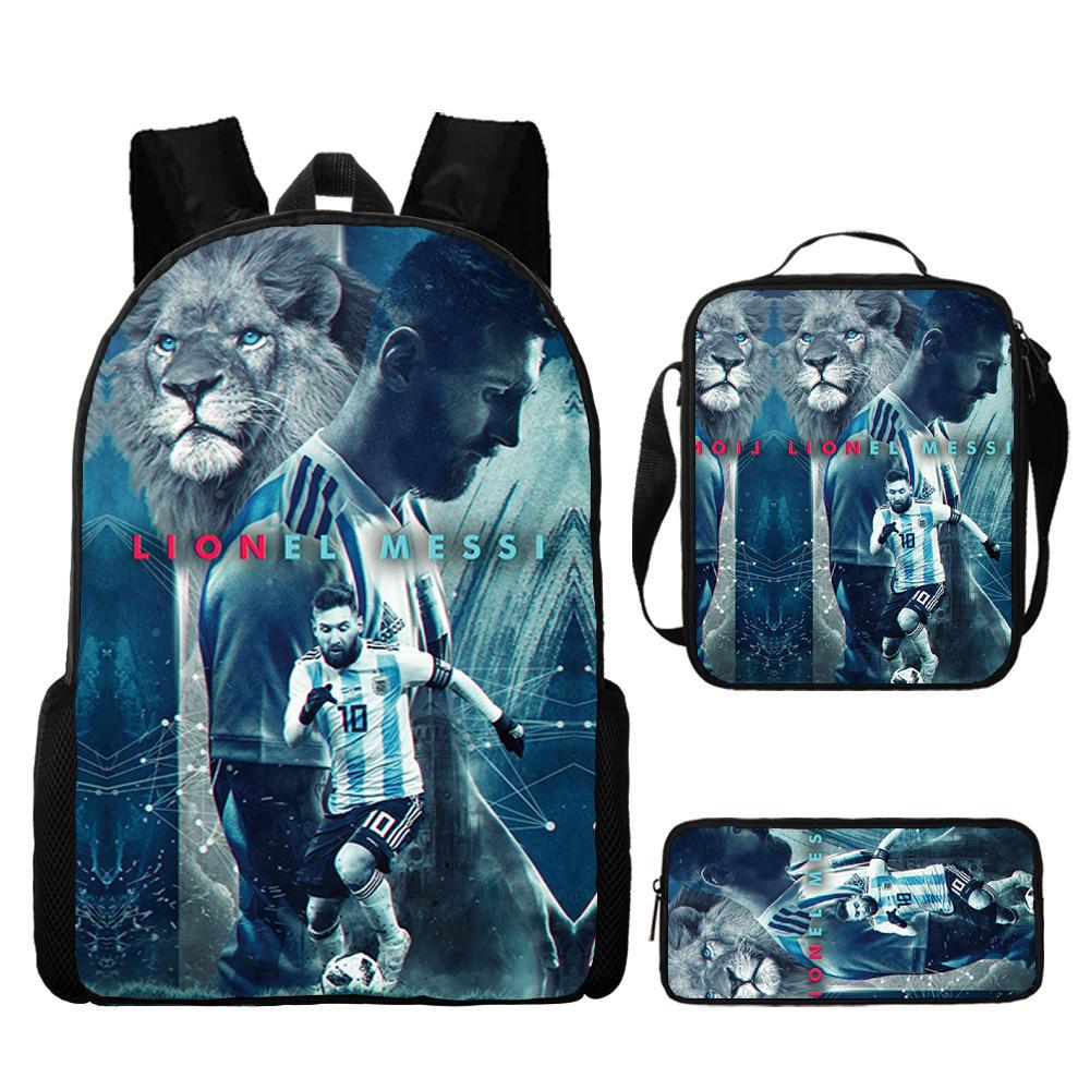 Messi Print Kids Backpack Set 3-Piece Cartoon Schoolbag Lightweight Water-Resistant for Boys Girls
