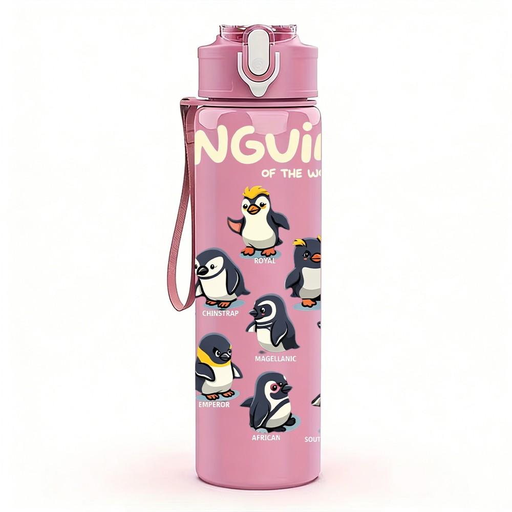 1PC Penguin Group Cute Bird Animal Print 750ml Color Plastic Sports Water Bottle Leakproof Flip Straw Lid Suitable for Sports Office Home Use