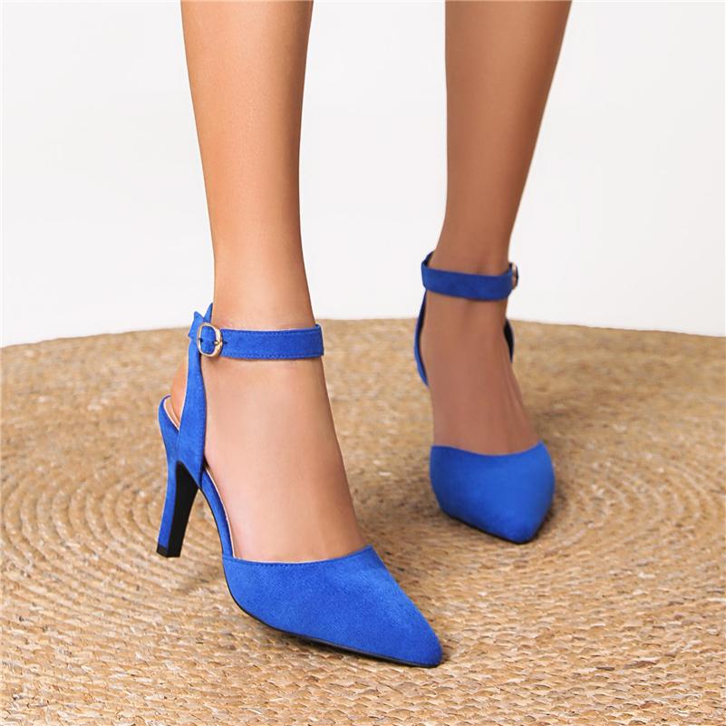 FOREADA Women Ankle Strap Pumps Pointed Toe Thin High Heels Buckle Glove Shoes Ladies Fashion Shoes Spring Autumn Blue Black 43