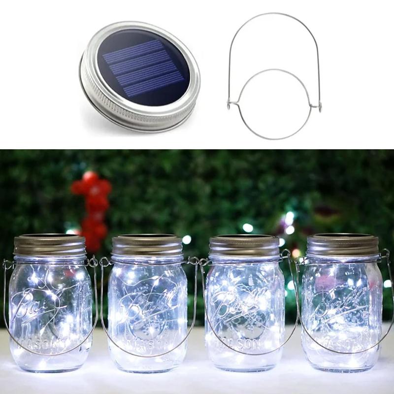 

20 LED Solar Mason Jar Lights Waterproof Fairy Firefly Jar Lid with Handles Lights For Patio Garden Wedding Decoration (No Jar) 1pcs