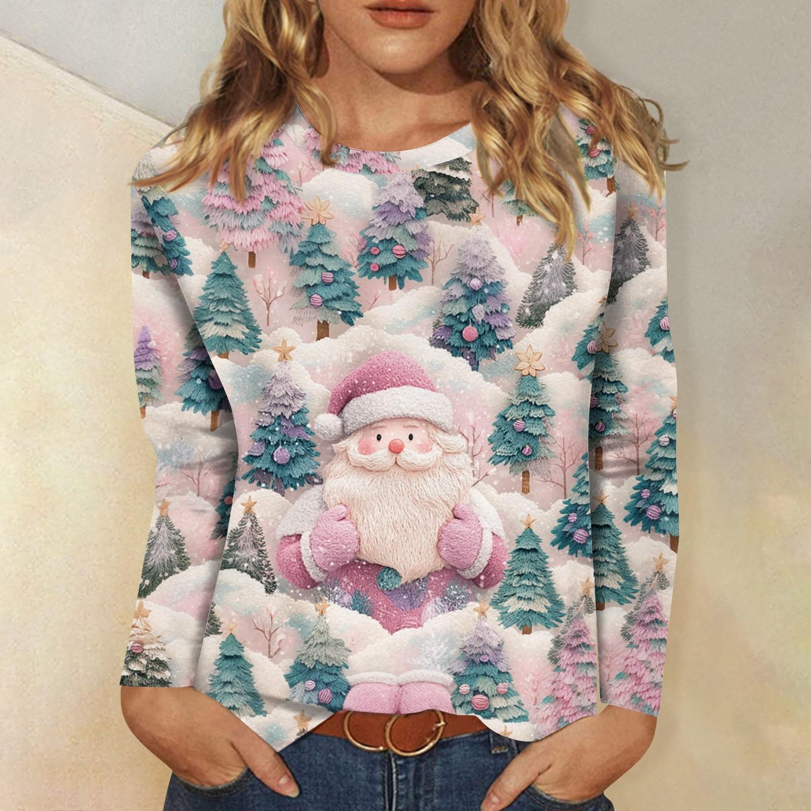 

Женская мода повседневный топ с длинным рукавом с рождественским принтом и круглым вырезом XXXXL