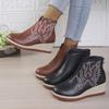 Fashion Retro Embroidered PU Leather Ankle Boots for Women Wedge Heel Platform Walking Shoes Woman Thick Sole Zip Short Boots Plus Size