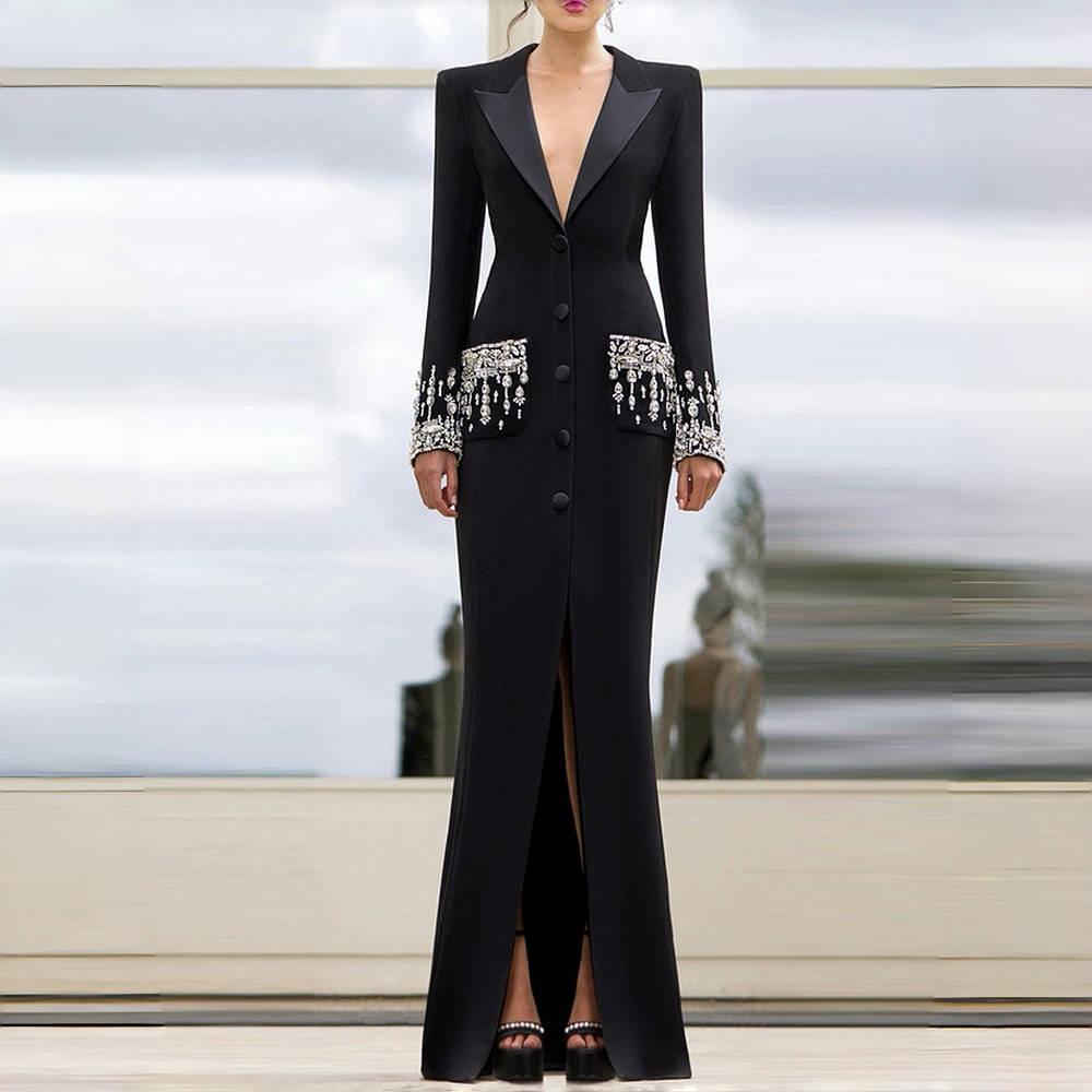 High Street Newest Designer Fashion Women's Long Sleeve Notched Collar Rhinestone Diamonds Beading Maxi Long Dress