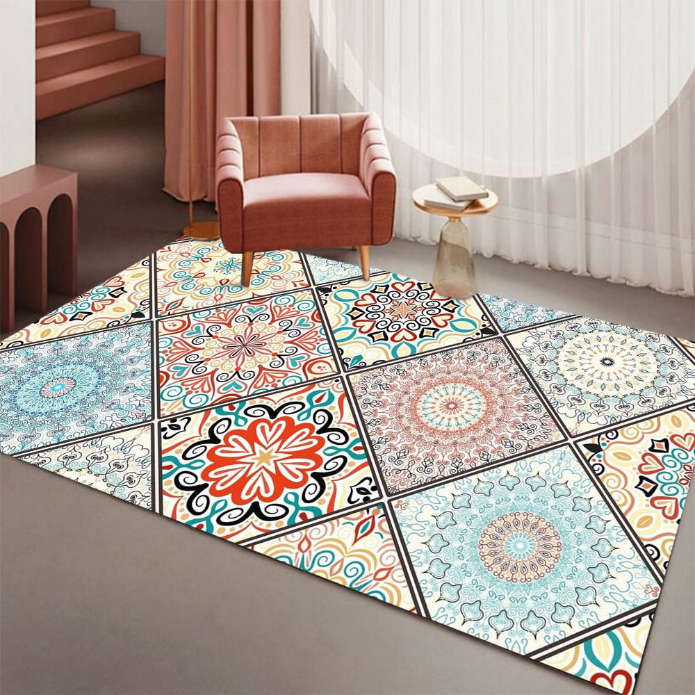 Classical Floral Area Rug Navy Blue Bohomian Patchwork  Rugs for Living Room Dining Room Bedroom Non Slip Stain Resistant Carpet