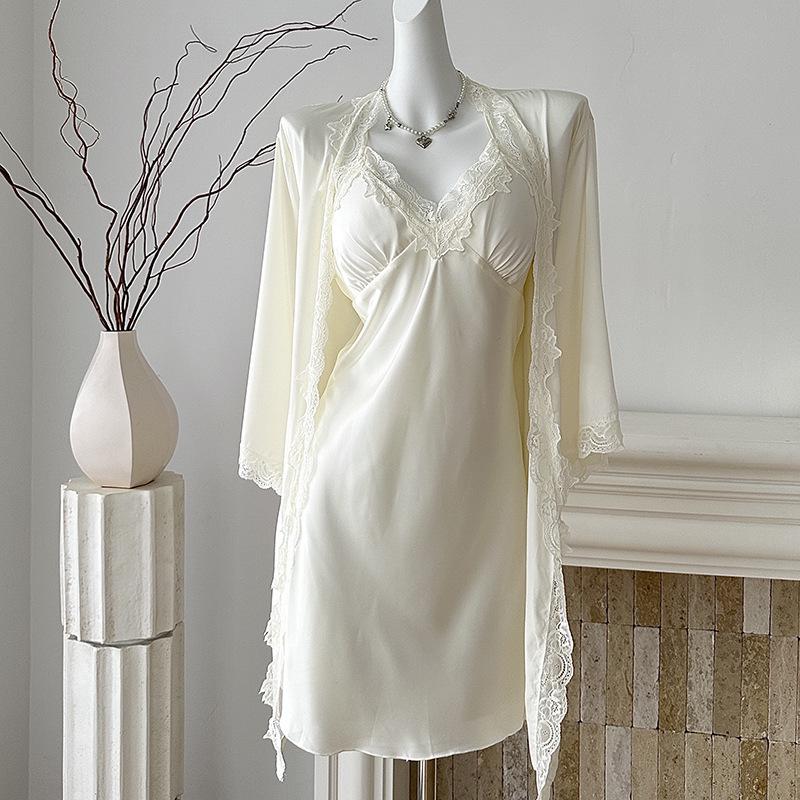 Women's Summer Ice Silk V-Neck Camisole Nightgown Set – Sexy, Solid Color, Slit Design, Two-Piece Luxury Homewear