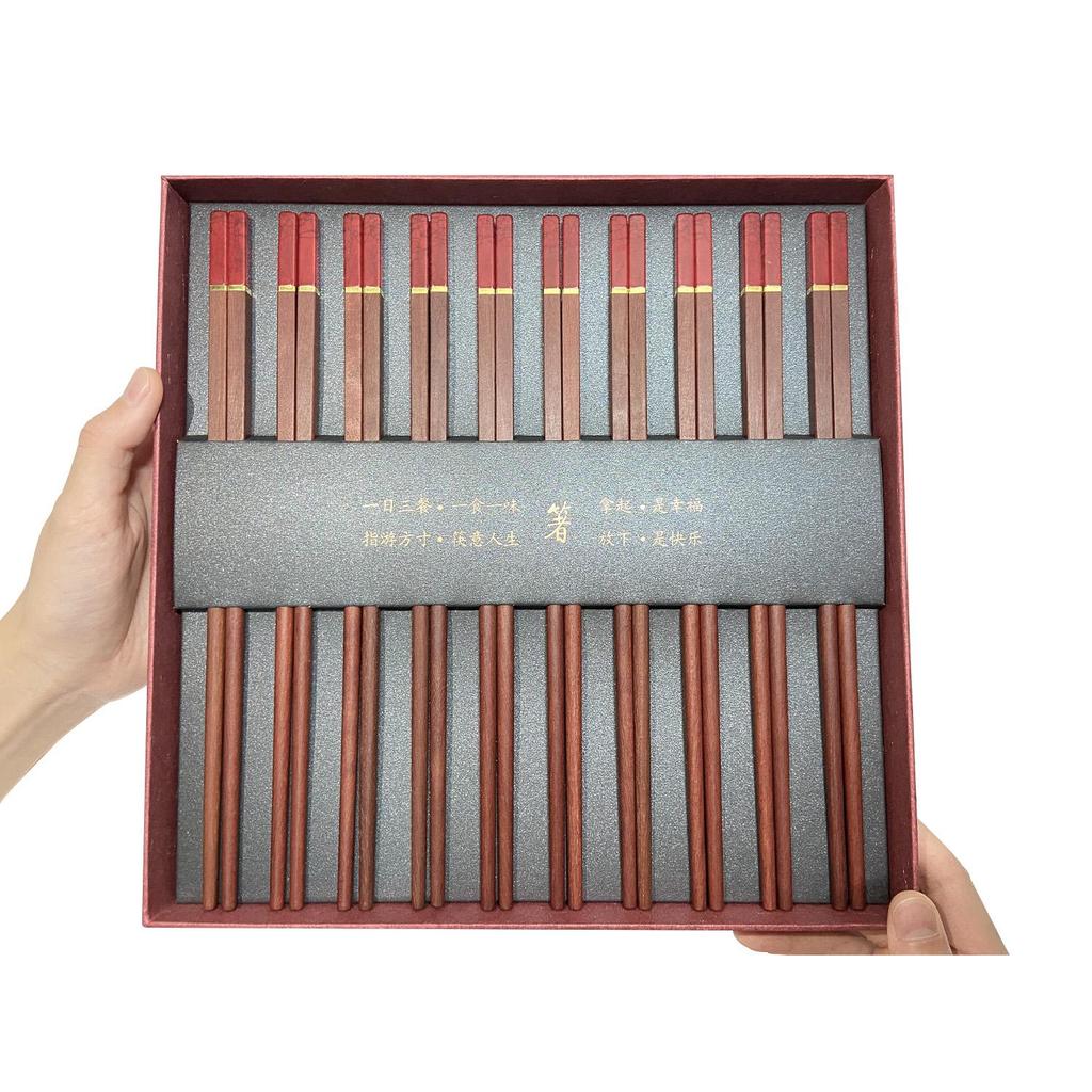 Red Sandalwood Chopsticks Gift Set – 10 Pairs Premium Wooden Dining Utensils In Luxury Gift Box