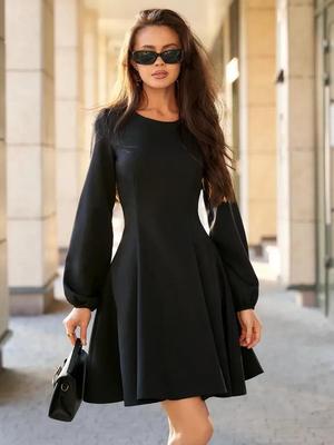 Europäisches und amerikanisches Damen Langarm Schwarzes A-Linien-Kleid mit Taillen-Schlankheits-Design