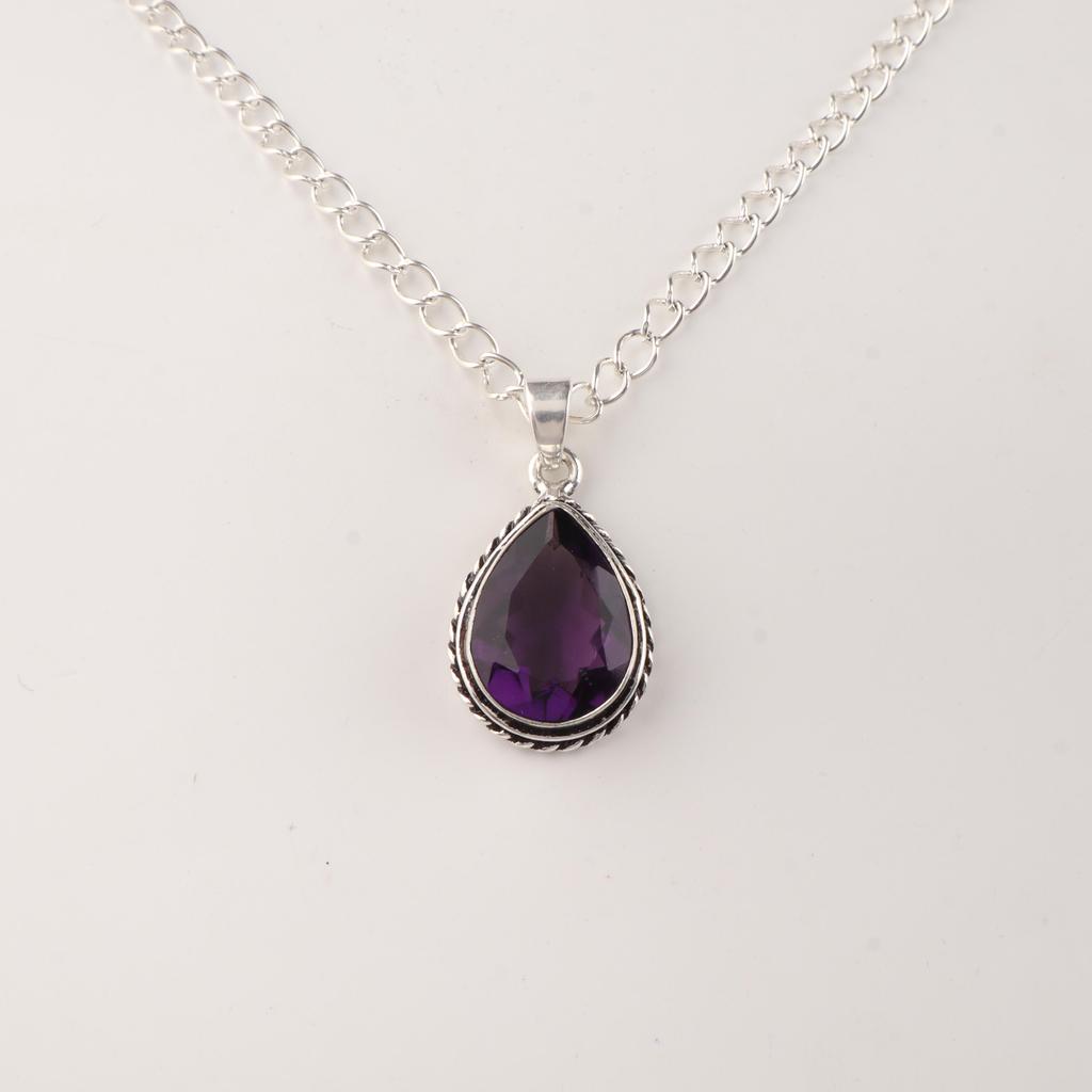 Amethyst Gemstone Silver Handmade Pendant 1.3" , 925 Sterling Silver Wedding Gift For Her APP-3-14