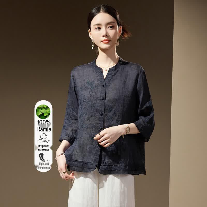 Women s New Chinese Style Embroidered Ramie Blouse M