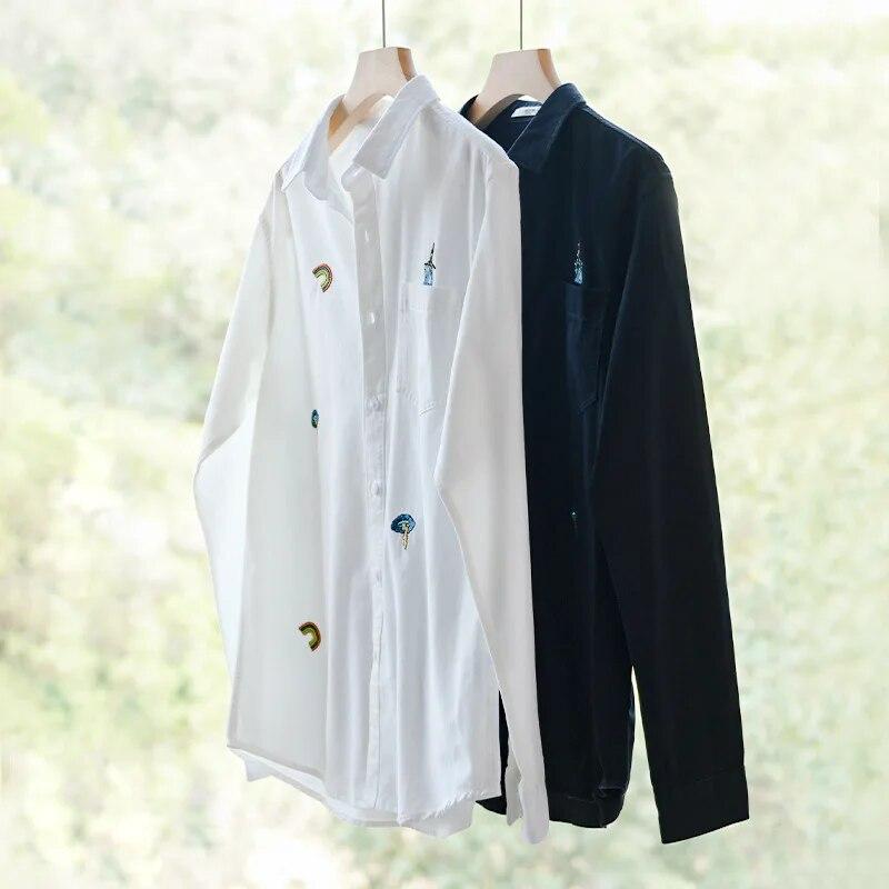 Chic Embroidered White Shirts for Men Spring and Summer Streetwear Youth New Casual Tops Pure Cotton Long Sleeve Shirt Korean Style Men Clothing