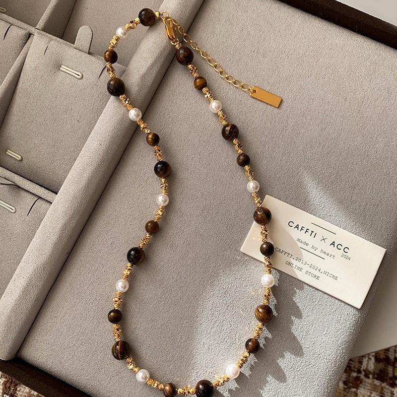 Real Gold Electroplated Retro Tiger'S Eye Stone Pearl Necklace Niche Design Temperament Light Luxury Fashion Ethnic Style Collarbone Chain