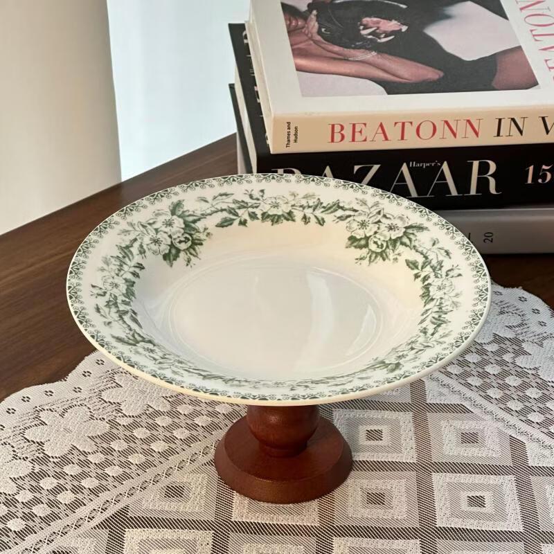 Retro Blue & White Porcelain High-Footed Divided Serving Dish with Wooden Base