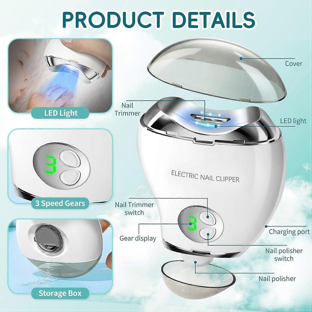2 in 1 Electric Polishing Automatic Nail Clippers, 3 Speeds LCD Digital Display, USB Rechargeable Safety Fingernail Trimmer for Baby, Kids, Seniors, C