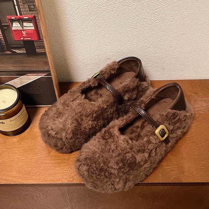 

High-end fluffy shoes for women s 2025 autumn new thick-soled versatile gentle and sweet fashion heightening plush cotton shoes 40 коричневый