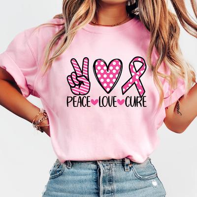 Nova Camiseta Engraçada Conscientização Câncer de Mama Paz Amor Cura Unissex Manga Curta Gola O Verão Casual Estampa de Letras Camiseta Top