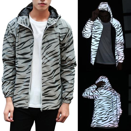 Hooded Fluorescent Men Windbreaker Casual Reflective Hip Hop Jacket Coat Male Clothing