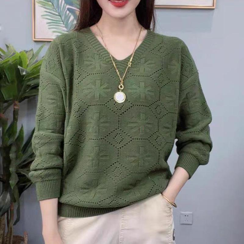 Pulover Tricotat cu Mâneci Lungi și Guler în V pentru Femei, Primăvară și Toamnă, Pulover Ajurat pentru Femei
