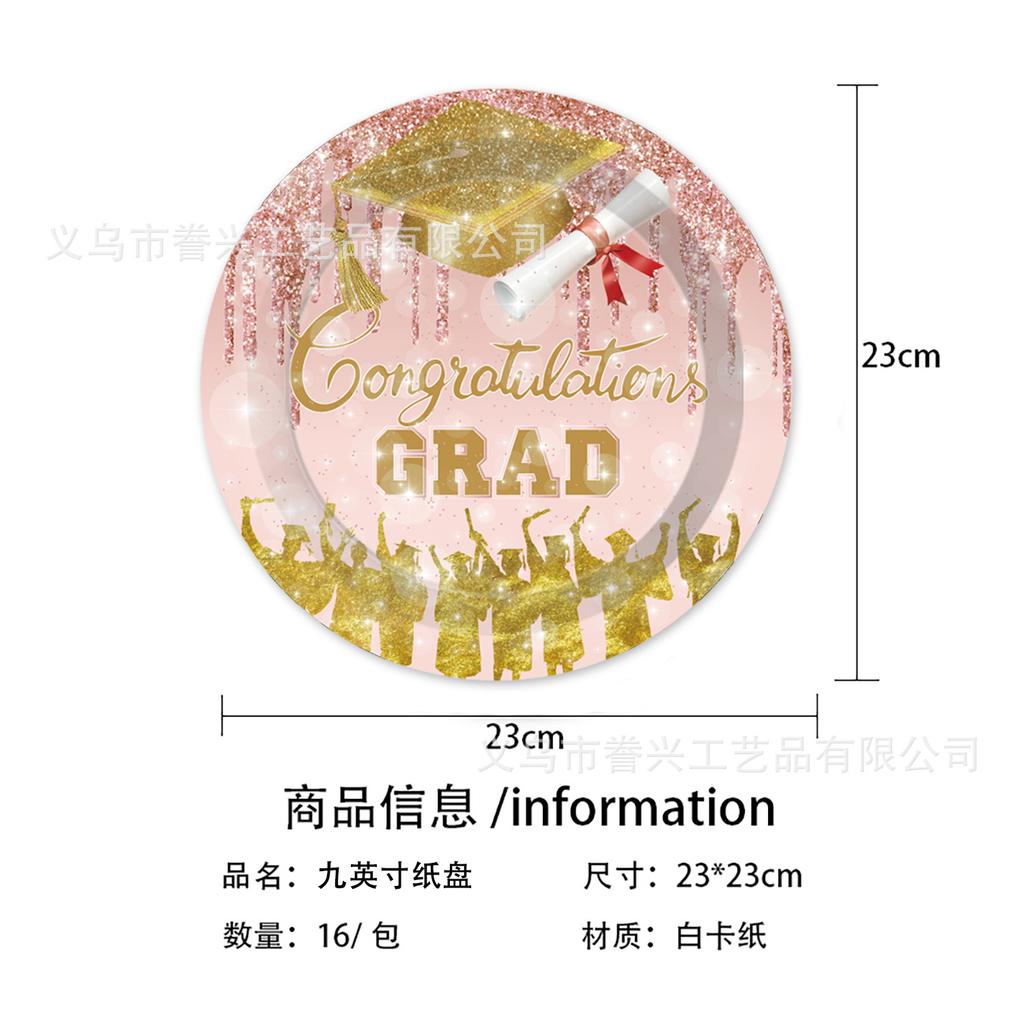 Graduation Season Party Tableware Disposable Paper Plates Tissue Supplies Pink Colorful Grad Graduation Ceremony