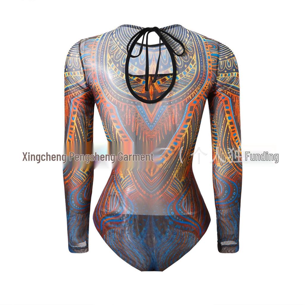 Women's Long Sleeve Mesh Sun Protection One-Piece Swimsuit with Skirt