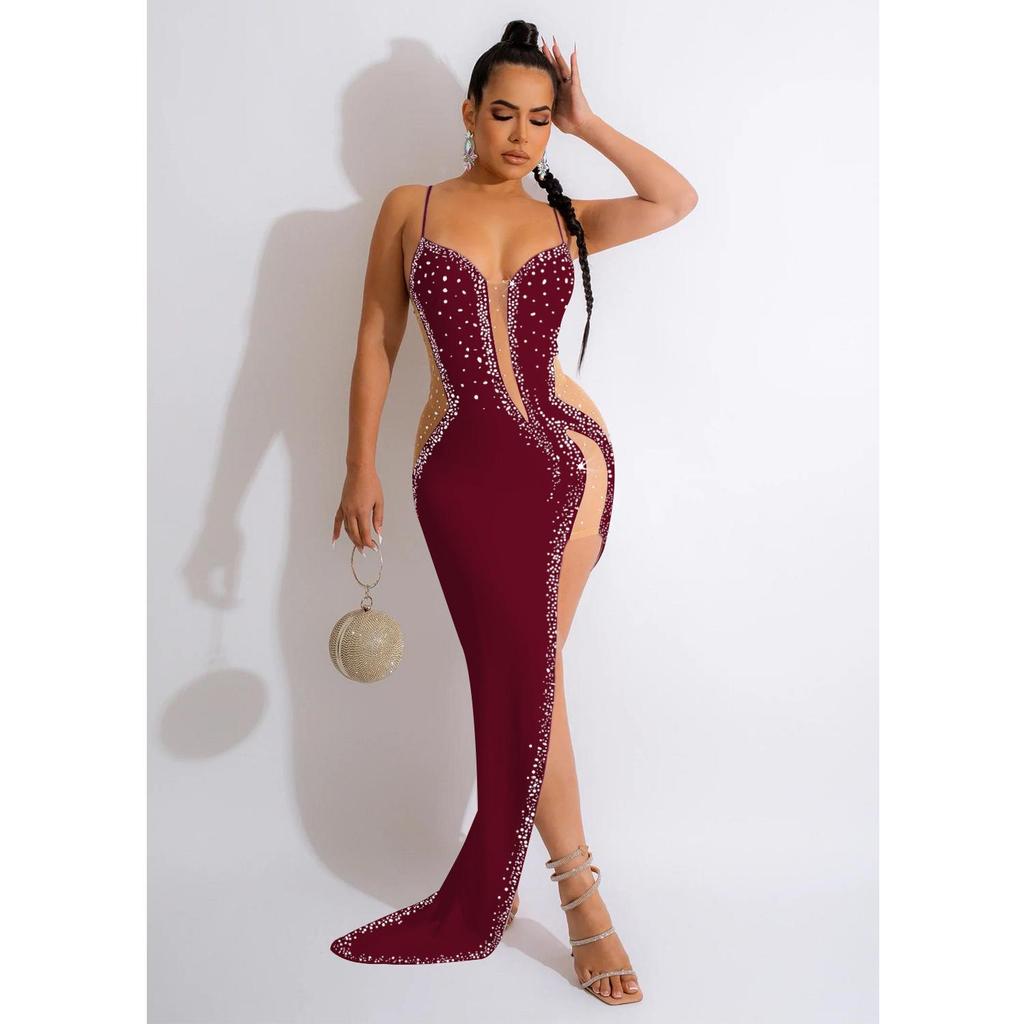 Women's Fashion Solid Color V-Neck Sleeveless Long Dress with Hot Drilling