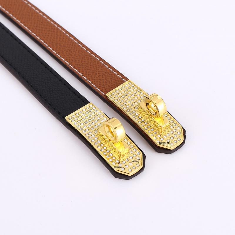 Cintura da Donna Kelly con Strass e Doppia Fibbia in Pelle - Versatile, Decorativa Fascia in Pelle di Mucca