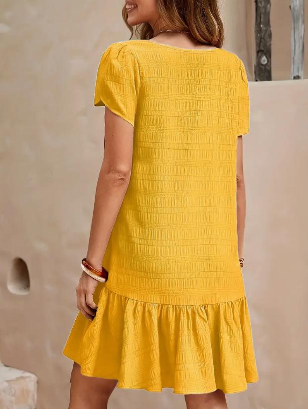 V-Neck Solid Color Loose Casual Short-Sleeved Dress