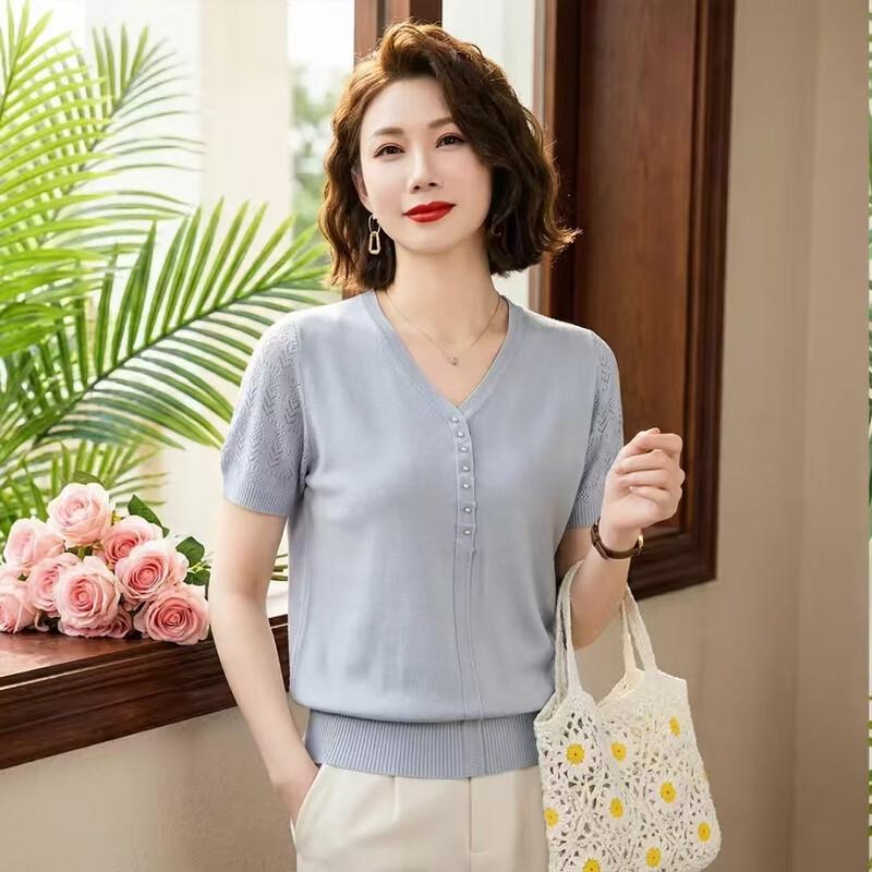 Women's V-neck Short Sleeve Knit Top