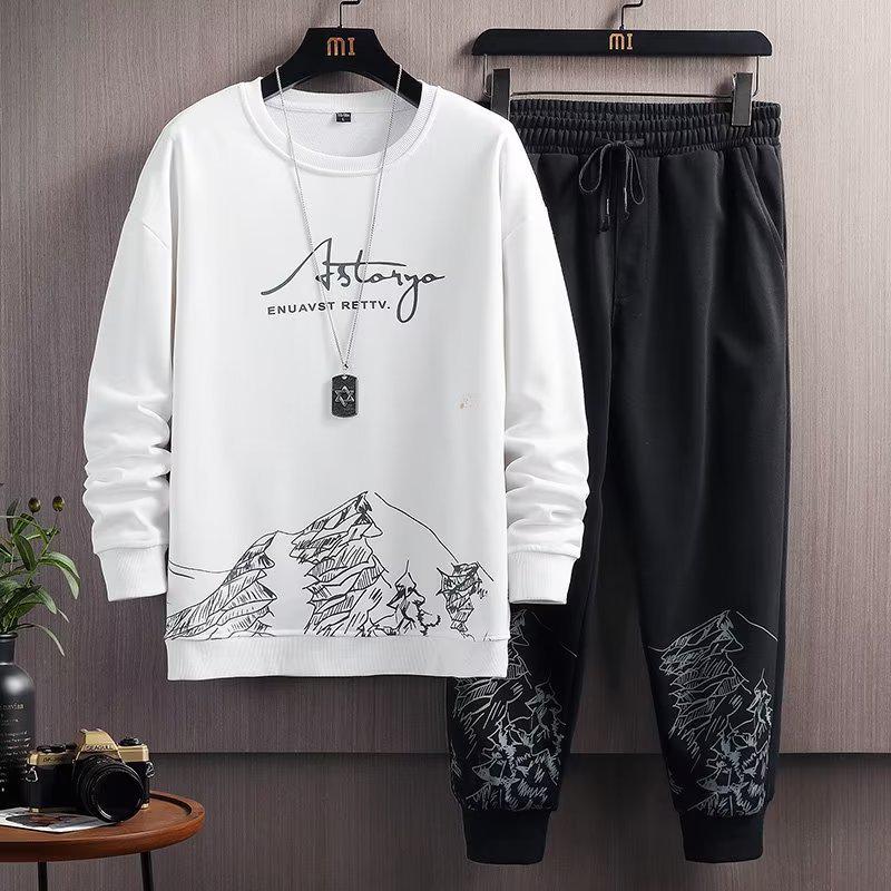 Men's Autumn Fashion Two-Piece: Snow Mountain Thin Imitation Cotton Long Sleeve Sweater & Round Neck Pullover