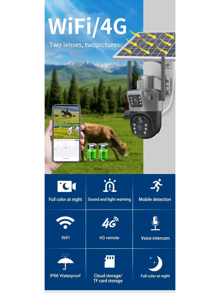 Solar-Powered 4G Outdoor Waterproof Dual Camera with HD Night Vision and Remote Monitoring